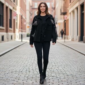 NEW Blue b Black Faux Suede Silver Star Rhinestone Fringe Western Snap Up Jacket